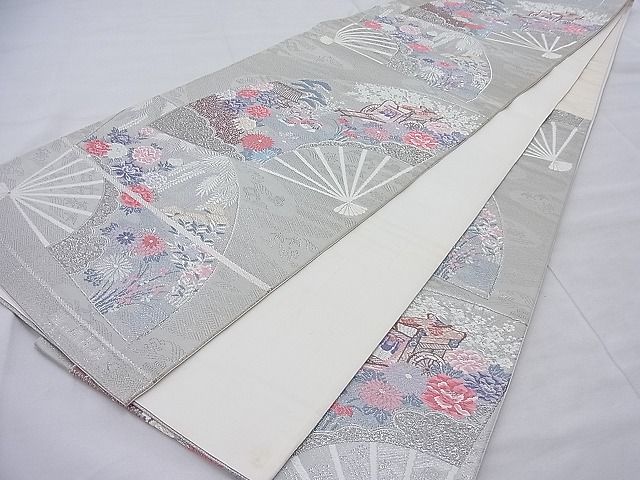 平和屋着物◎六通柄袋帯 重ね扇花鳥文 全プラチナ箔 逸品 BAAI5408if