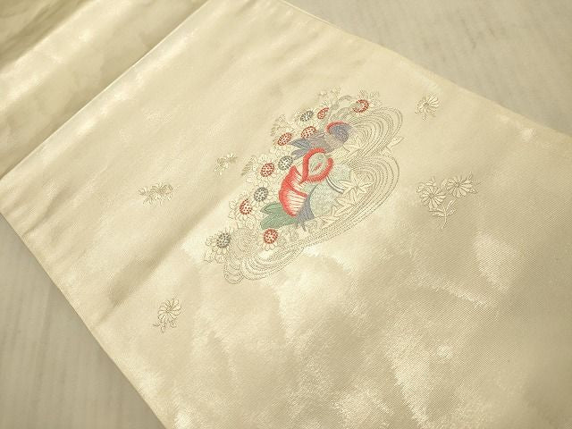 平和屋着物◎太鼓柄袋帯 総刺繍 流水鴛鴦草花文 銀糸 逸品 DAAH2437ud