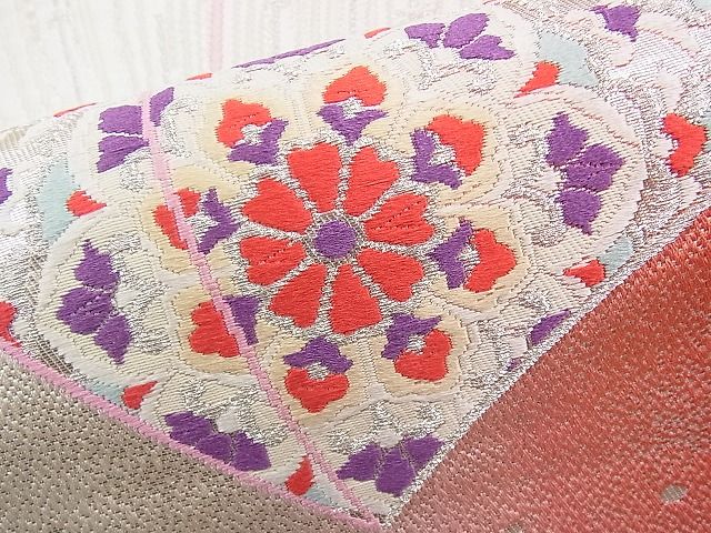 平和屋着物◎六通柄袋帯 唐織 正倉院花文 銀糸 逸品 BAAI9355sa