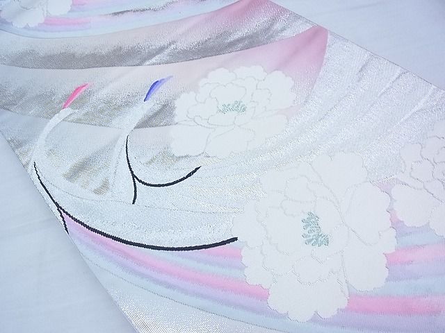 平和屋着物◎六通柄袋帯 唐織 孔雀牡丹文 銀糸 逸品 BAAI3324qt