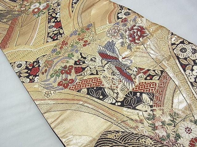 平和屋着物◎六通柄袋帯 唐織 麗美 黒地 金糸 逸品 BAAI3376qt