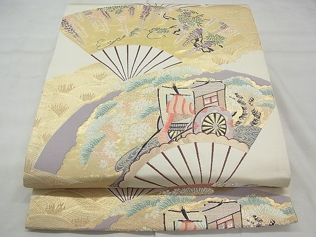 平和屋着物◎六通柄袋帯 唐織 扇面御所車花文 金糸 逸品 BAAI3395qt