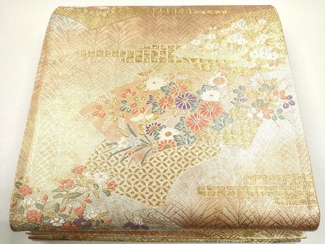 平和屋着物◎六通柄袋帯 地紙重ね草花文 金糸 逸品 CAAG2485eg