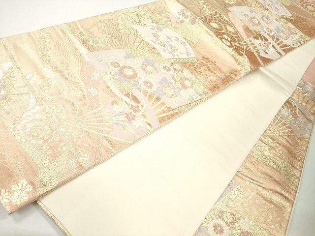 平和屋着物◎六通柄袋帯 唐織 扇面流水草花文 金銀糸 逸品 CAAG2521eg