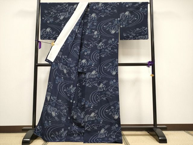 平和屋本店●極上 久留米絣 単衣 民芸手織 御所解文 池田曽吾作 証紙付き 綿 逸品 未使用 CYAA0613s4