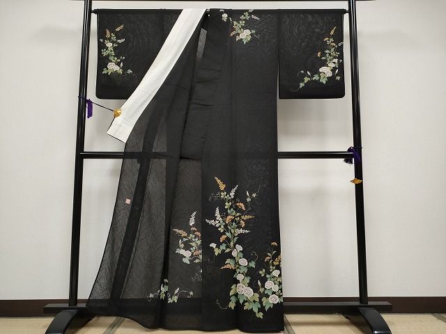 期間限定セール40%off■極上 夏物 ファッションデザイナー 花井幸子 訪問着 手描き 草木紋紗 朝顔 アサガオ 黒地 CYAA0624s4