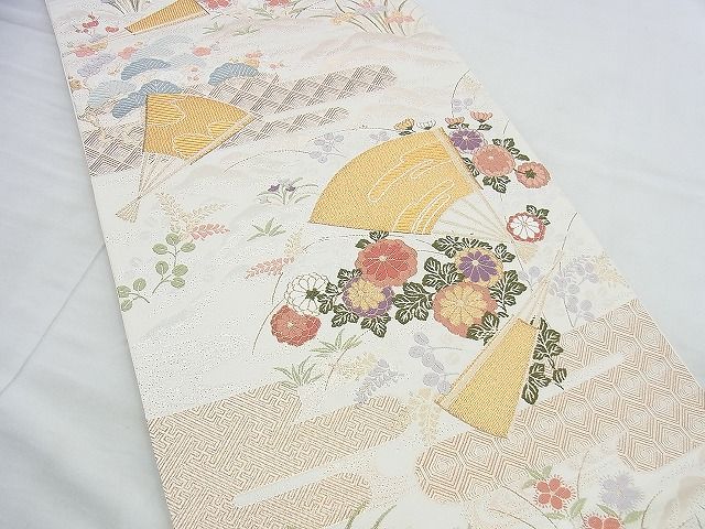平和屋着物◎六通柄袋帯 唐織 エ霞扇面花文 金銀糸 逸品 BAAI4472jm