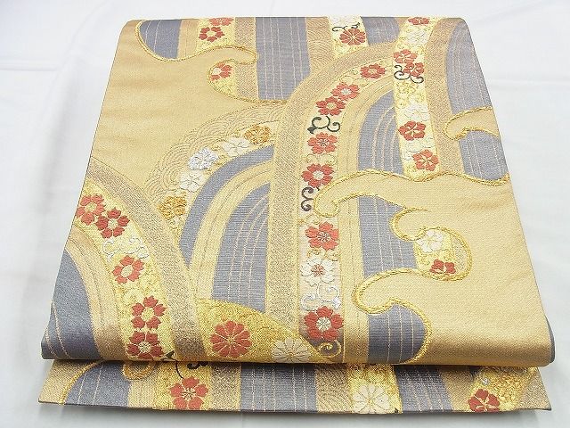 平和屋着物◎六通柄袋帯 唐織 立波花唐草文 金銀糸 逸品 BAAI4568jm
