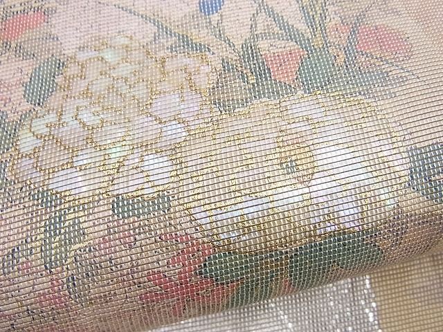 平和屋着物■太鼓柄袋帯 手描き 螺鈿箔 琳派色紙花鳥絵図 金彩 引箔 逸品 BAAJ1141du