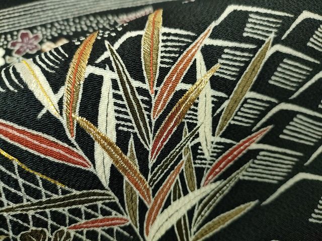 平和屋本店●極上 九寸名古屋帯 刺繍 友禅 網干 水辺吉祥風景 黒地 鬼しぼ縮緬 金糸 逸品 未使用 DZAA1901kh4