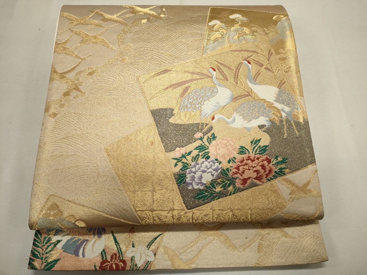 平和屋着物◎六通柄袋帯 唐織 色紙重ね草花鶴文 金糸 逸品 CAAG5411ak