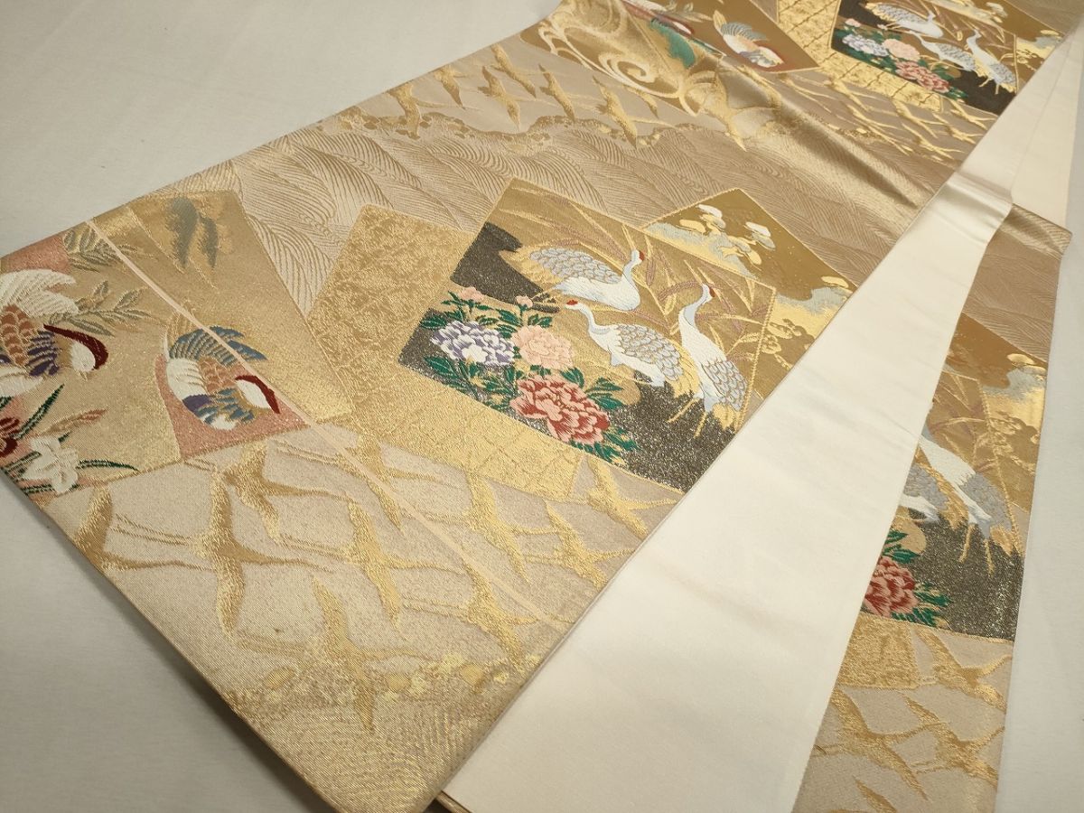 平和屋着物◎六通柄袋帯 唐織 色紙重ね草花鶴文 金糸 逸品 CAAG5411ak