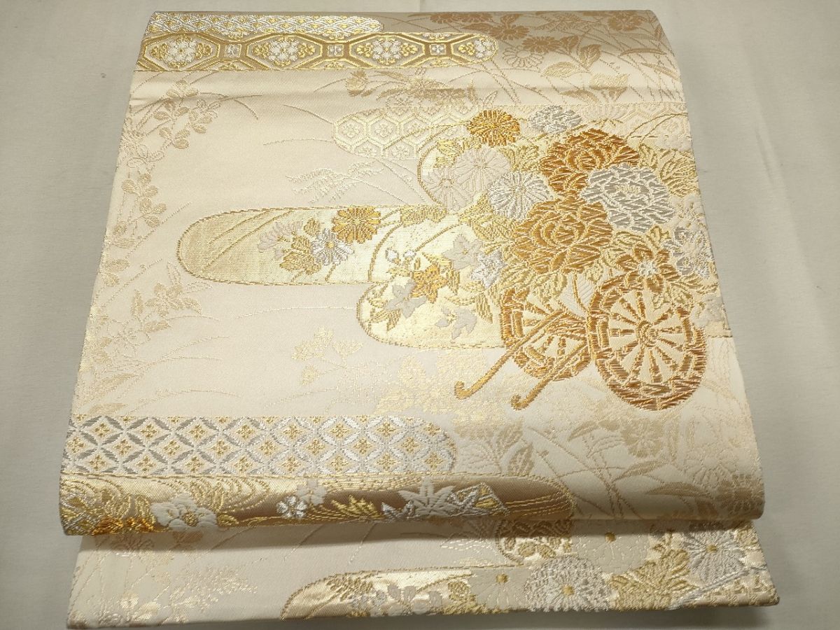 平和屋着物◎全通柄袋帯 唐織 雲取り花車文 美保姿苑 金銀糸 逸品 CAAG5421ak