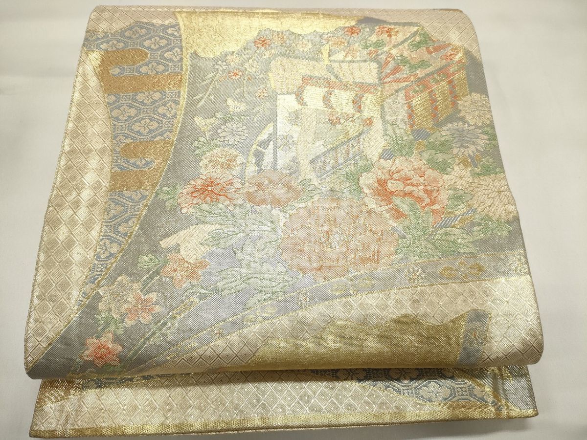 ［4281］袋帯 佐賀錦 花車文様 プラチナ箔 六通 正絹 着物 フォーマル 平和屋着物□佐賀錦 六通柄袋帯 唐織 切嵌花丸文 正絹