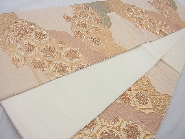 平和屋着物◎六通柄袋帯 雲取り亀甲花文 金糸 逸品 BAAI6366cm