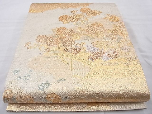 平和屋着物◎佐賀錦 六通柄袋帯 唐織 渡橋秋草文 金糸 逸品 BAAI6397cm