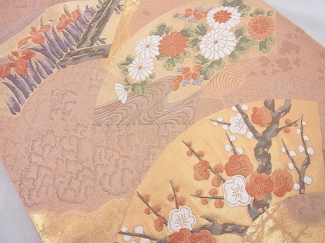 平和屋着物◎六通柄袋帯 唐織 琳派扇面文様 金糸 逸品 BAAI6399cm