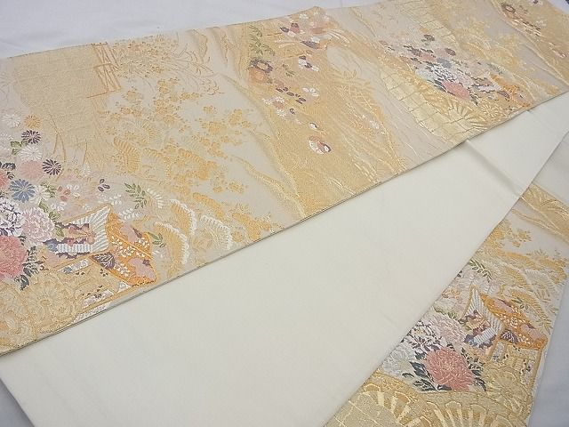 平和屋着物◎六通柄袋帯 唐織 御所車花鳥文 金糸 逸品 BAAI6874cm