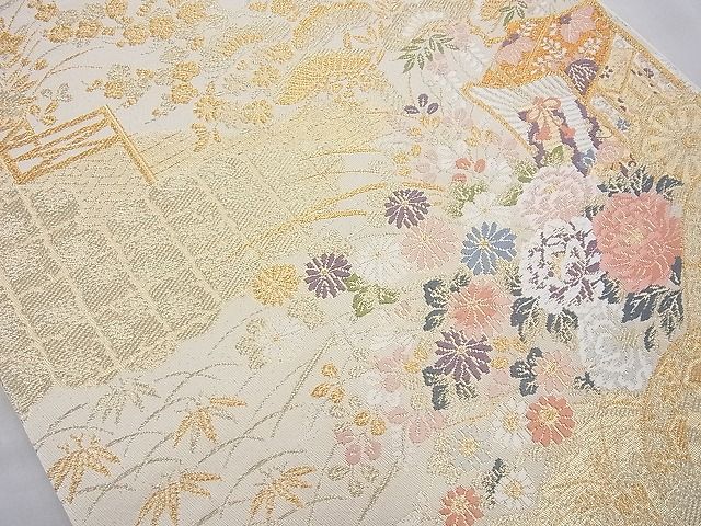 平和屋着物◎六通柄袋帯 唐織 御所車花鳥文 金糸 逸品 BAAI6874cm