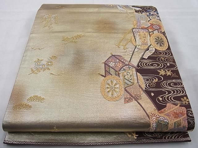 平和屋着物◎六通柄袋帯 唐織 御所車吹き寄せ文 金糸 逸品 BAAI6922cm