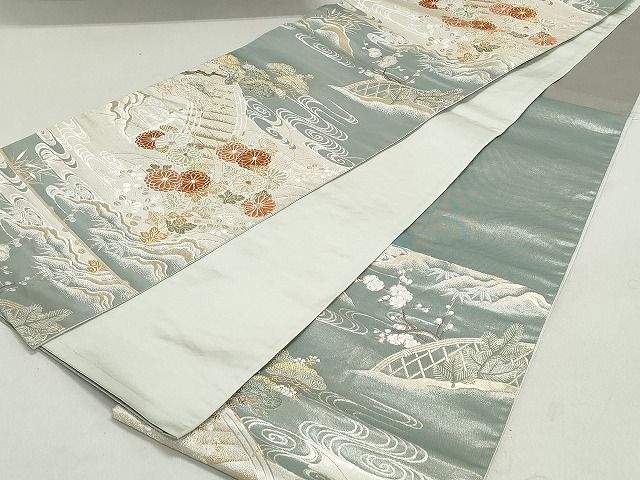 平和屋着物◎六通柄袋帯 風景花文 蒔絵箔 金銀糸 逸品 DAAH9014mz