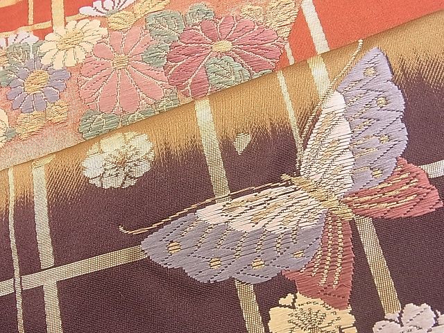 平和屋着物◎六通柄袋帯 唐織 扇面花蝶文 金糸 逸品 BAAI5699qt