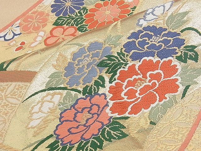 平和屋着物◎六通柄袋帯 唐織 熨斗地紙花文 金糸 逸品 BAAI5768qt