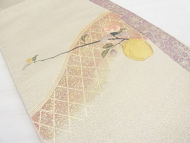 平和屋着物◎太鼓柄袋帯 手描き 刺繍 椿 金彩 引箔 逸品 BAAI9451sa