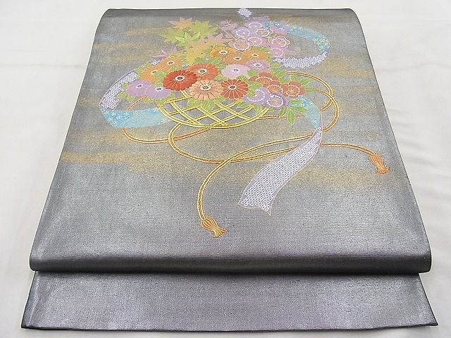 平和屋着物◎太鼓柄袋帯 駒刺繍 熨斗花籠文 むらさき虫謹製