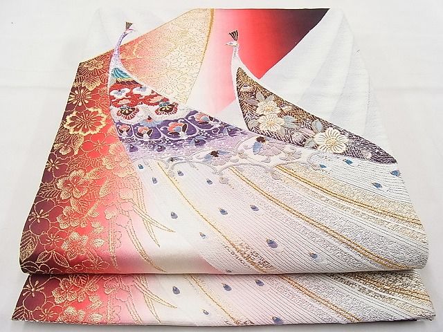 平和屋着物◎佐賀錦 六通柄袋帯 唐織 孔雀花文 金糸 逸品 BAAI9483sa