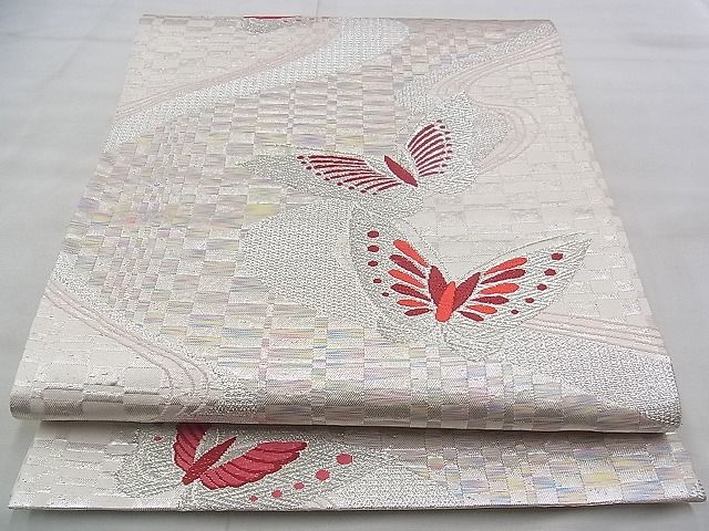 平和屋着物◎六通柄袋帯 唐織 舞蝶文 銀糸 逸品 BAAJ0654if