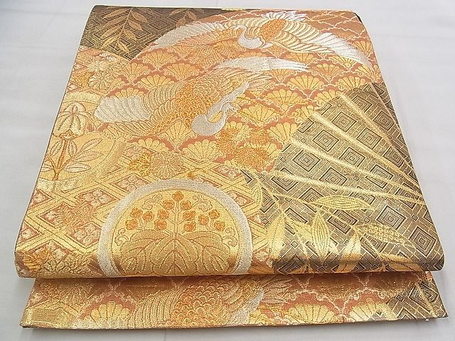 平和屋着物◎六通柄袋帯 扇面吉祥文 松喰鶴 黒地 金銀糸 逸品 BAAJ1044if