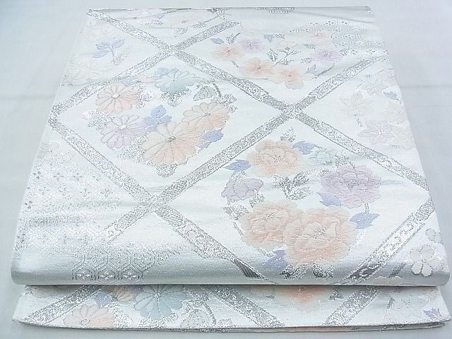 2215.西陣織 丸万織物 明綴 プラチナ箔 袋帯 お太鼓柄 正絹 着物 証紙 平和屋着物◎西陣 六通柄袋帯 唐織 菱天井花丸文 銀糸 逸品