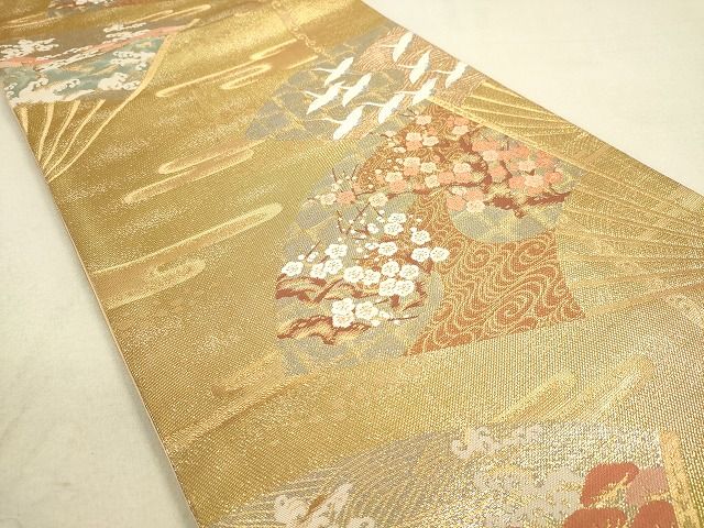 平和屋着物◎六通柄袋帯 扇面飛鶴花文 金糸 逸品 DAAH9777tw