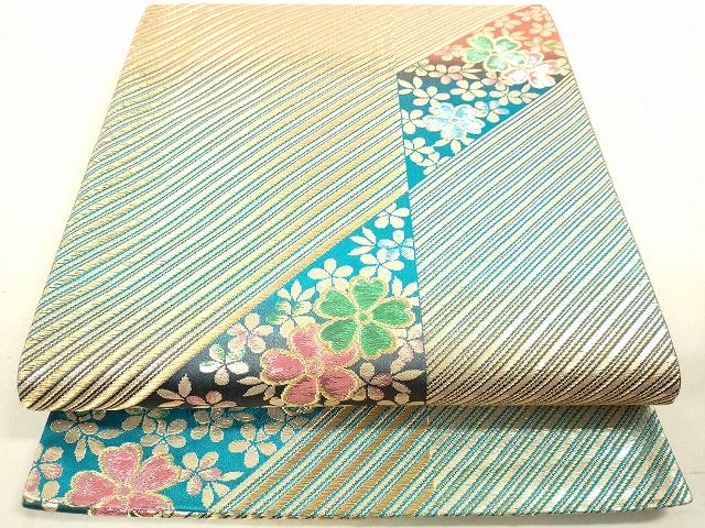 平和屋着物◎六通柄袋帯 斜縞舞桜文 金糸 逸品 DAAH9776tw
