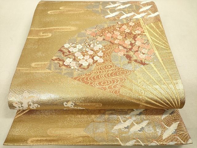 平和屋着物◎六通柄袋帯 扇面飛鶴花文 金糸 逸品 DAAH9777tw