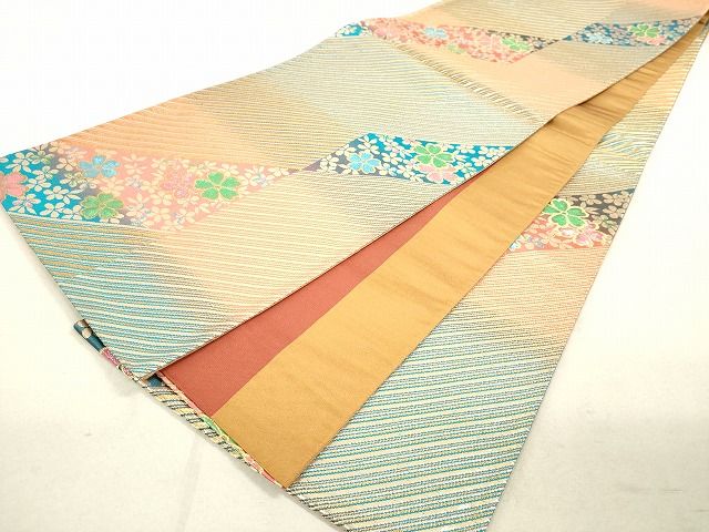 平和屋着物◎六通柄袋帯 斜縞舞桜文 金糸 逸品 DAAH9776tw