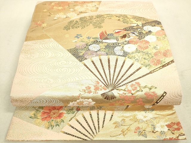 平和屋着物◎六通柄袋帯 扇面鴛鴦花文 金糸 逸品 DAAH9799tw