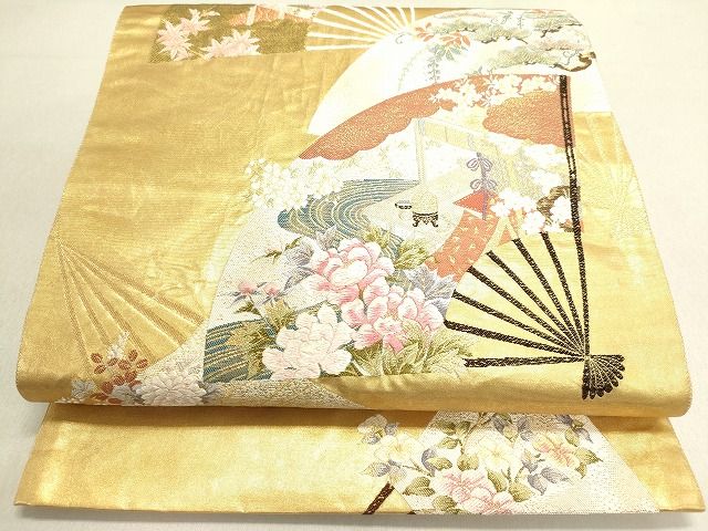 平和屋着物◎六通柄袋帯 風物扇面散し 金糸 引箔 逸品 DAAH1441cm