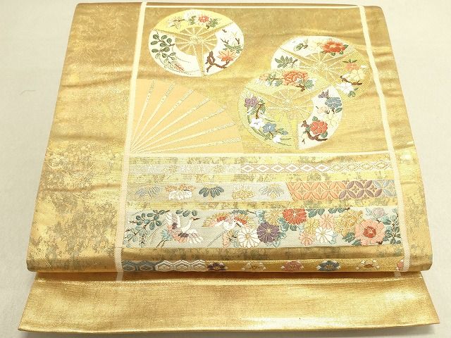 平和屋着物◎六通太鼓柄袋帯 唐織 扇面飛鶴花文 金糸 引箔 逸品 DAAH4875yyy