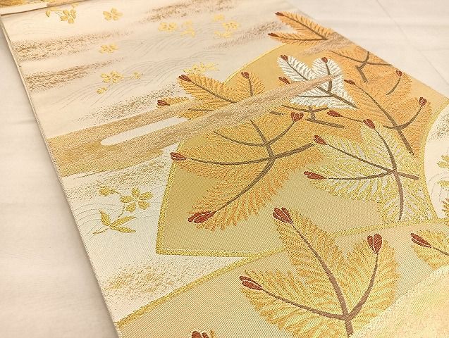 平和屋着物■六通柄袋帯 扇面若松蒔絵 金銀糸 逸品 BAAJ5344ea