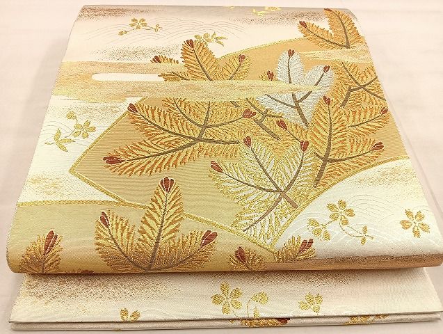 平和屋着物■六通柄袋帯 扇面若松蒔絵 金銀糸 逸品 BAAJ5344ea