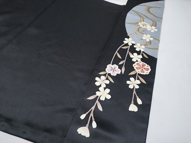 平和屋本店●極上 訪問着 駒刺繍 夜桜 鴛鴦 黒地 銀彩 逸品 CYAA0641s4