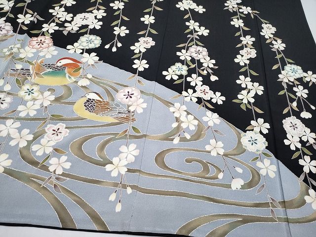 平和屋本店●極上 訪問着 駒刺繍 夜桜 鴛鴦 黒地 銀彩 逸品 CYAA0641s4