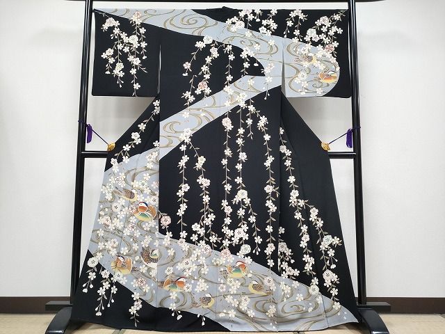 平和屋本店●極上 訪問着 駒刺繍 夜桜 鴛鴦 黒地 銀彩 逸品 CYAA0641s4