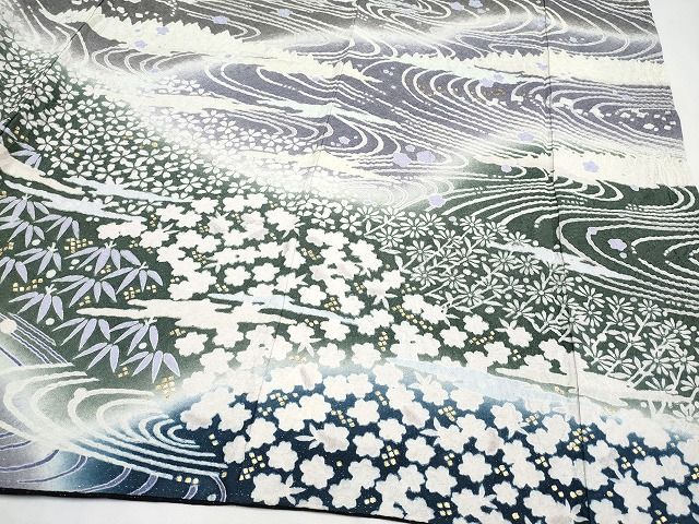 平和屋本店■極上 訪問着 おぼろ染め 襲絞り 相良刺繍 流水霞枝花文 銀通し地 逸品 CYAA0647s4