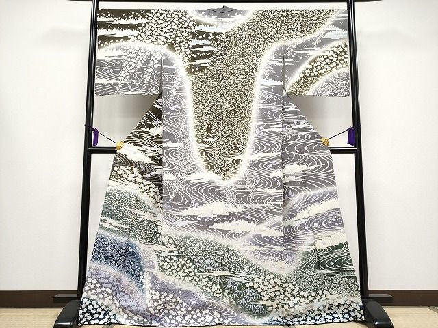 平和屋本店■極上 訪問着 おぼろ染め 襲絞り 相良刺繍 流水霞枝花文 銀通し地 逸品 CYAA0647s4