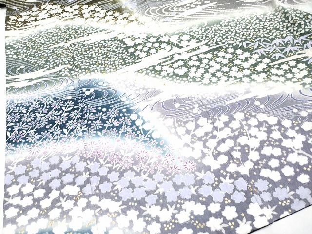平和屋本店■極上 訪問着 おぼろ染め 襲絞り 相良刺繍 流水霞枝花文 銀通し地 逸品 CYAA0647s4