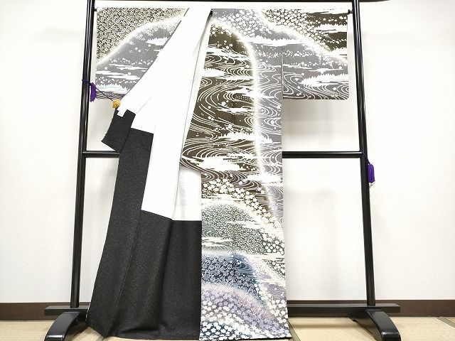 平和屋本店■極上 訪問着 おぼろ染め 襲絞り 相良刺繍 流水霞枝花文 銀通し地 逸品 CYAA0647s4