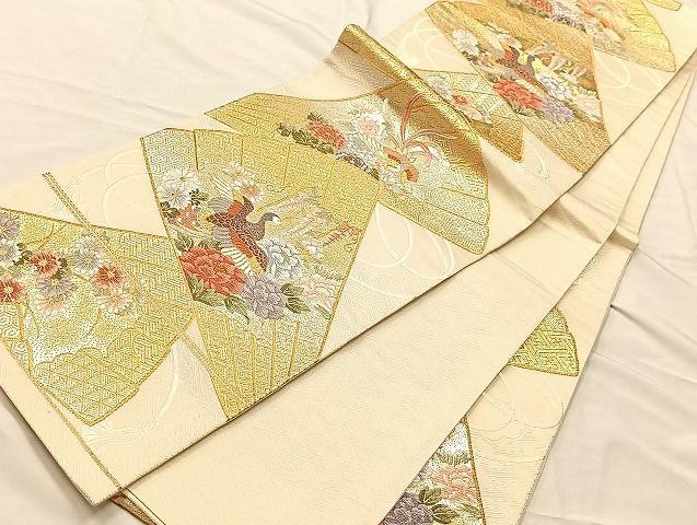 平和屋着物◎六通柄袋帯 唐織 檜扇鳳凰花文 金糸 正絹 逸品 AAAJ6344Bsa